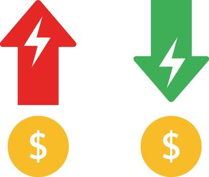 Red up arrow with lightning bolt symbol and green down arrow with lightning bolt symbol above coins vector