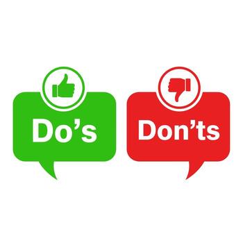 visual comparación de hacer s y don ts con pulgares arriba y pulgares abajo íconos en habla burbujas vector