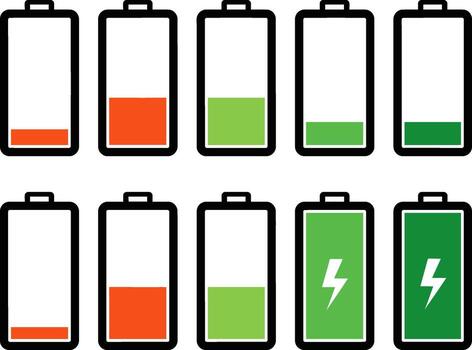 colección de batería cargar indicadores demostración diferente niveles de poder desde vacío a lleno vector