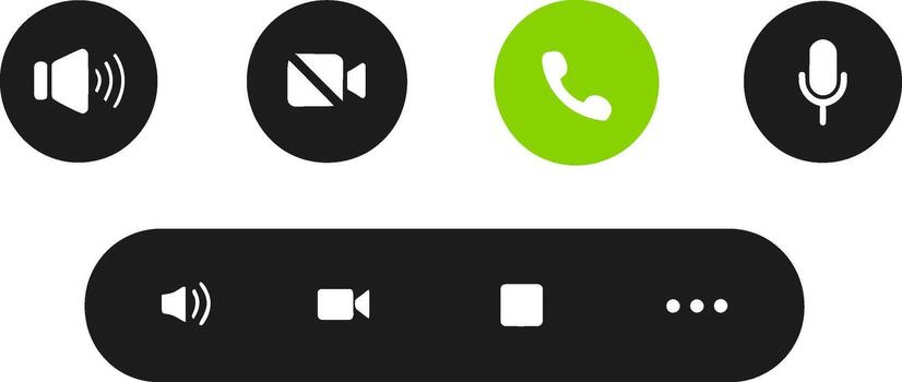 Digital interface icons showing audio controls and a green phone call button on a white background vector