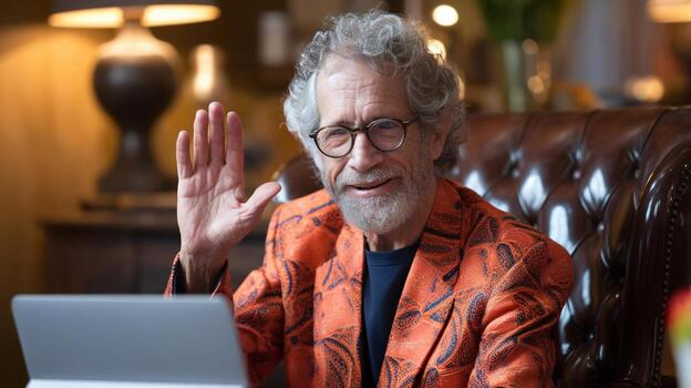 Smiling elderly man in an orange patterned blazer waves while using a tablet in a cozy, stylish setting. photo