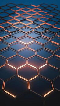 Intricate hexagonal patterns illuminated with warm light on a dark blue background. photo