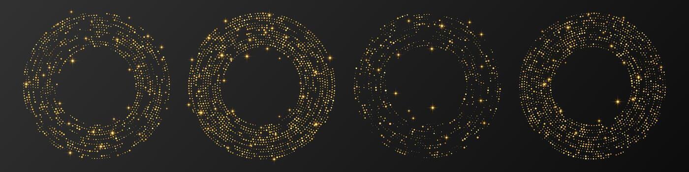 Abstract gold glowing halftone dotted background. Set of four gold glitter patterns in circle form. Circle modern halftone dots. vector