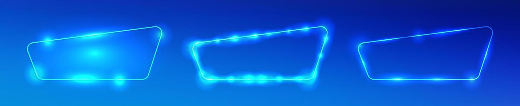 Set of three neon frames with shining effects on blue background. Empty glowing techno backdrop. vector