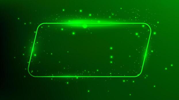 Neon rounded parallelogram frame with shining effects and sparkles on dark green background. Empty glowing techno backdrop. illustration vector