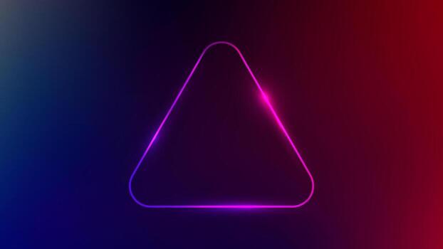 Neon rounded triangle frame with shining effects on dark purple background. Empty modern glowing techno backdrop. vector