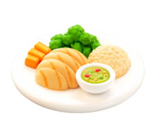 3d gegrillt Hähnchen Brust mit Brokkoli, Blumenkohl, Karotte, und würzig Grün Chili Soße auf Weiß Platte, gesund Diät Mahlzeit isoliert auf Hintergrund. png