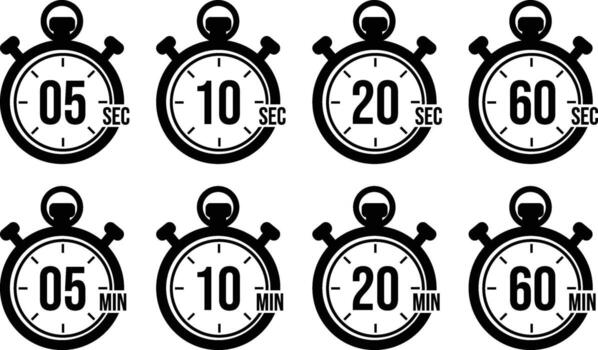 Stopwatch Time Icons. Seconds and Minutes Timer Set for UI and Infographics vector
