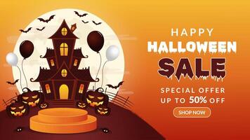 Víspera de Todos los Santos bandera presentando calabaza linterna, obsesionado casa, volador murciélagos, y escalofriante lleno Luna. Perfecto para fiesta invitaciones, carteles, social medios de comunicación promociones, sitio web encabezados, estacional márketing vector