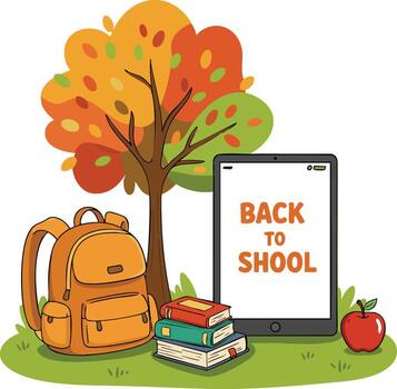 otoño árbol con mochila libros manzana y tableta demostración espalda a colegio mensaje ilustración para aprendizaje y estudiar conceptos vector