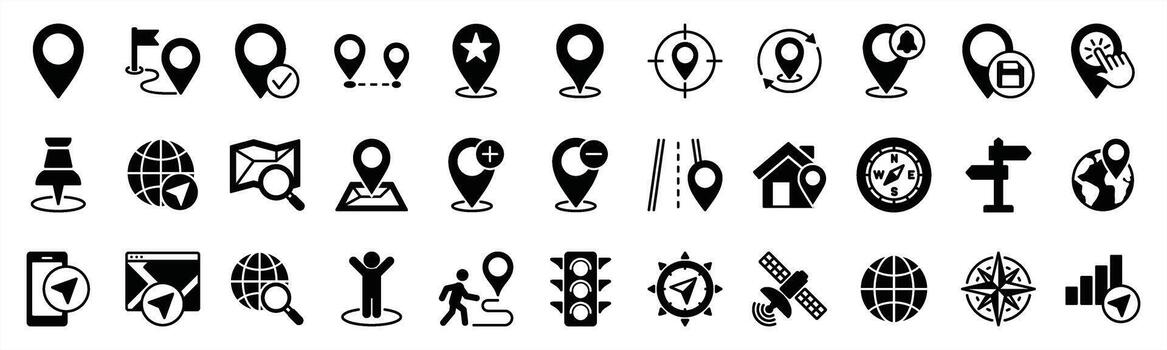 Map pin location icons set. Contains pointer, direction, navigation, place, marker, compass, GPS, place, distance, route, traffic, road, guide, satellite, mark. Illustration vector