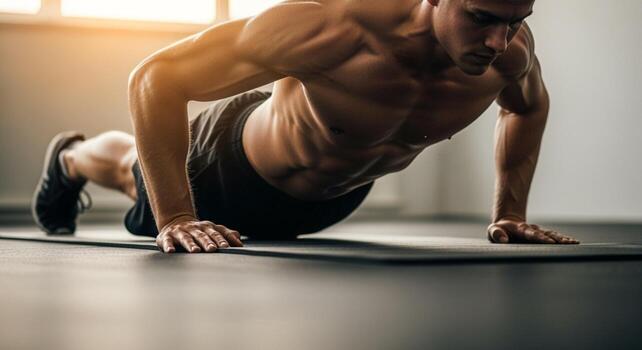 Muscular Man Doing Push-ups on Mat in Gym photo