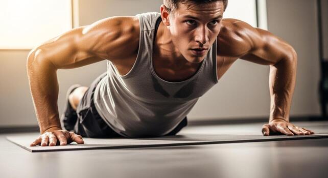 Determined Young Man Doing Push-ups on Mat in Gym photo