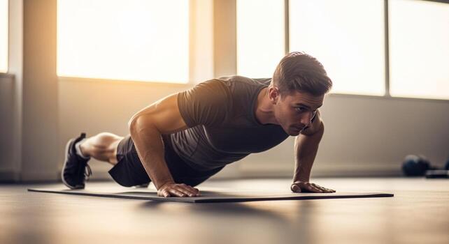Man Doing Push-ups in Gym, Fitness Workout, Exercise. photo