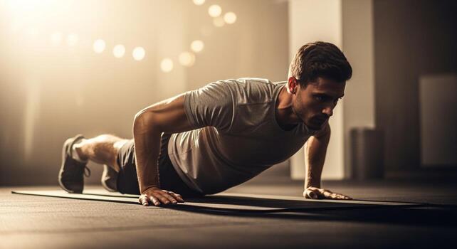 Determined Man Doing Push-Ups in a Gym photo