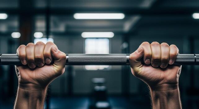 Athlete's point of view gripping a steel barbell in a gym with a blurred background. photo