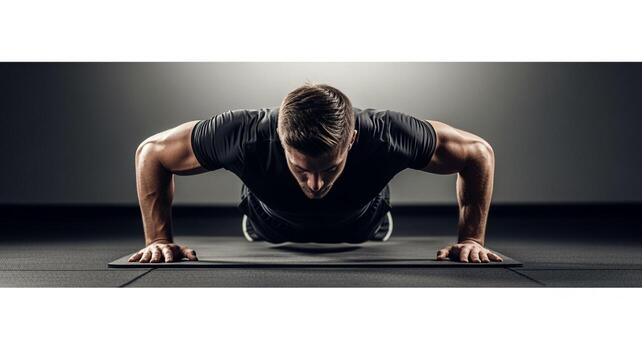 Athletic man with muscular arms doing a push-up on a black exercise mat in a dark studio. photo
