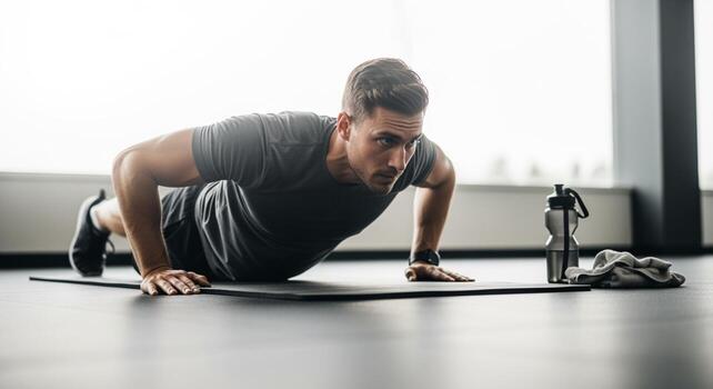 Focused Man Doing Push-Ups on Mat in Gym with Water Bottle photo