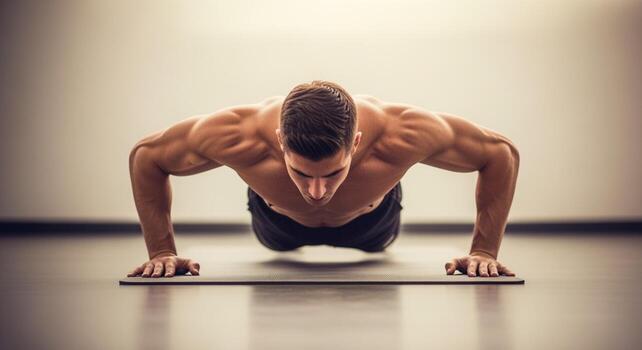 Focused Man Performing Intense Push-ups on Exercise Mats photo