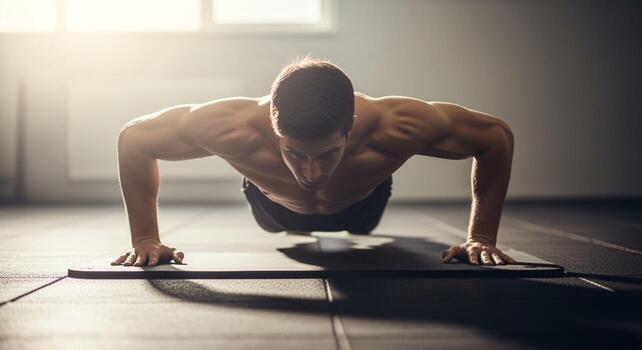 Focused Man Performing Intense Push-ups in Gym photo