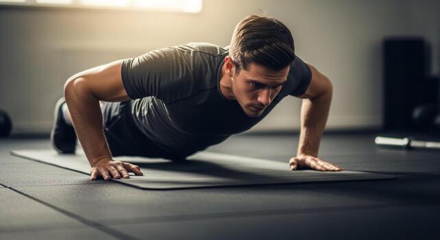 Focused Man Performing Push ups in Gym Setting photo
