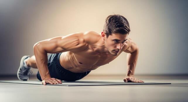 Focused Man Performing Intense Push Ups on Exercise Mat photo