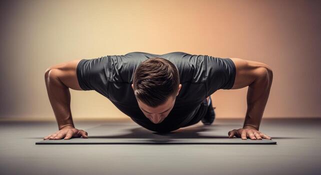 Muscular Man Doing Push-Ups on Gray Mat in Gym with Tan Background photo