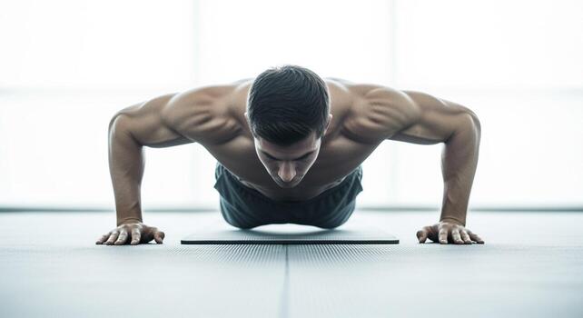 Muscular Man Performing Intense Push-ups in Gym photo
