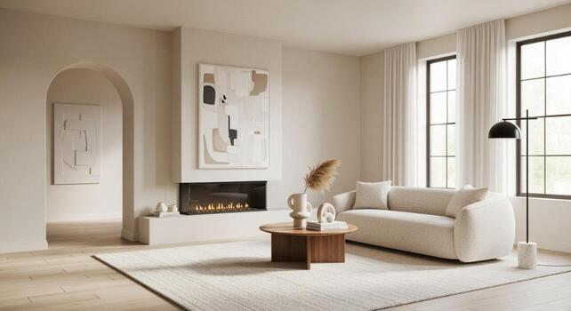 Sophisticated modern living room with a linear fireplace abstract artwork and a neutral color scheme. photo