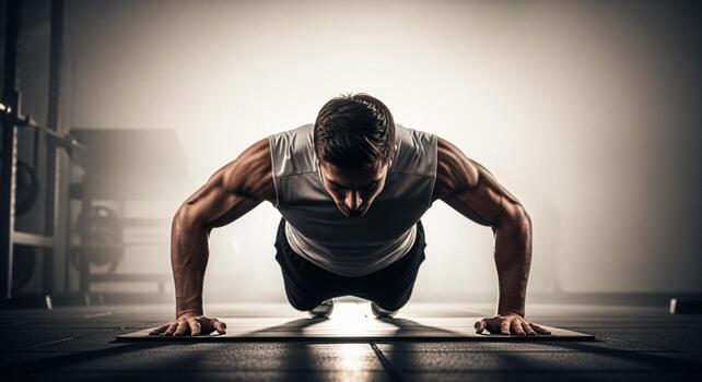 Muscular Man Doing Push-Ups on Mat in Gym with Weight Rack in Background photo