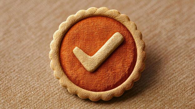 Check mark symbol representing validation and approval on orange fabric photo