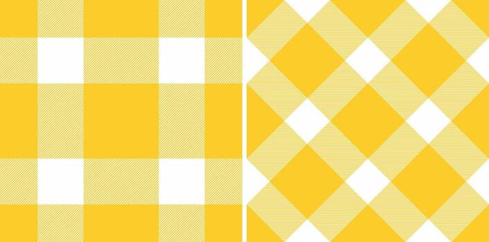 Vibrant, inviting yellow and white check patterns in classic diagonal styles. Ideal for backgrounds, textiles, or adding a warm, rustic touch. Versatile design. vector