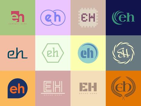 EH logo template. Letter e and h logotype. Set different classic serif lettering and modern bold text with design elements. Initial font typography. vector
