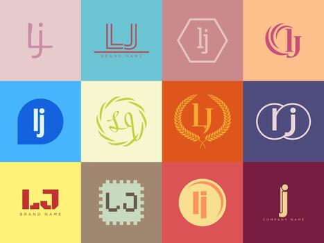 LJ logo template. Letter l and j logotype. Set different classic serif lettering and modern bold text with design elements. Initial font typography. vector