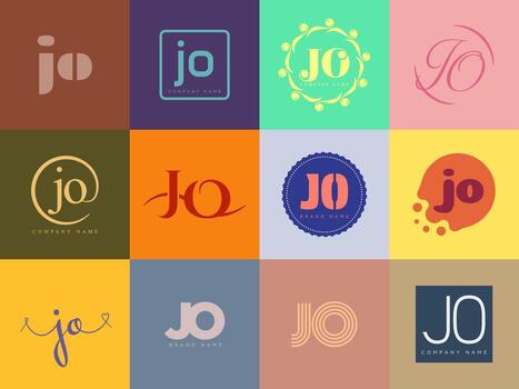JO logo temlate. Letter j and o logotype. Set different classic serif lettering and modern bold text with design elements. Initial font typography. vector
