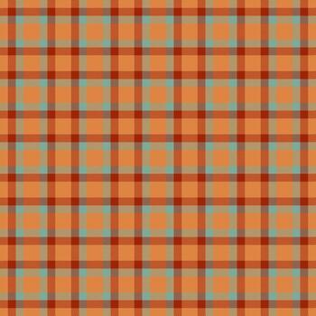 Warm, cozy textile pattern featuring intersecting lines in shades of orange, brown, and teal. Rustic design perfect for backgrounds, apparel, and autumnal themes. vector