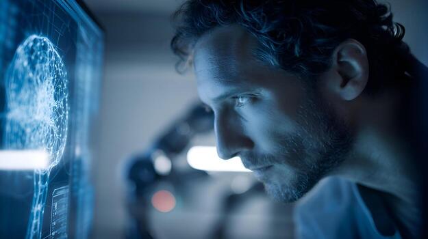 Scientist working on transparent futuristic computer displaying brain interface in laboratory photo