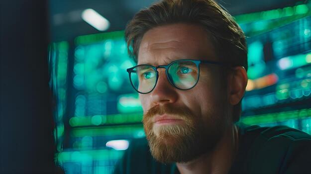 Software developer working on computer in data center analyzing code on screen photo