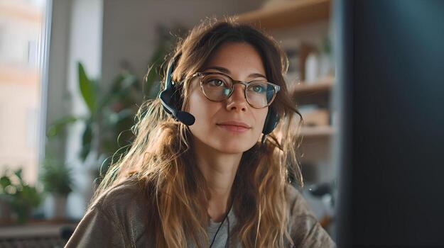 Customer service representative working from home using headset and computer photo