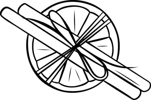 a slice of dried orange with cinnamon sticks, fragrant spices for Christmas mulled wine, a simple black and white icon, doodle style and sketch vector