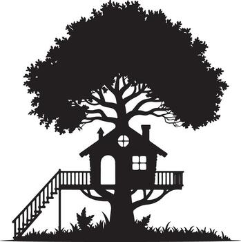 Silhouette of a charming treehouse nestled within a large tree vector