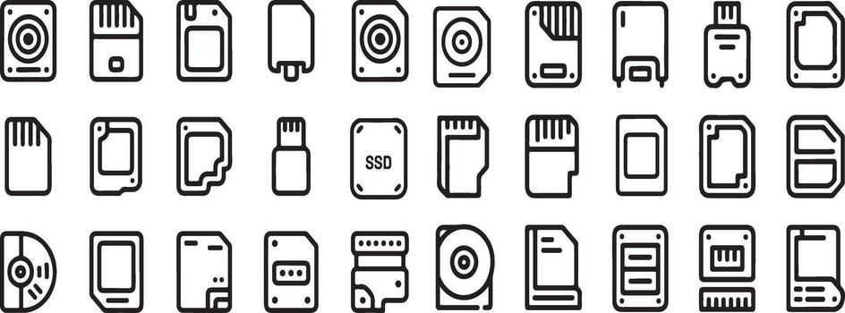colección de varios digital almacenamiento medios de comunicación dispositivos y memoria tarjetas en un limpiar contorno estilo vector
