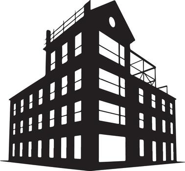 Silhouette of a multi story industrial building with a clock tower vector