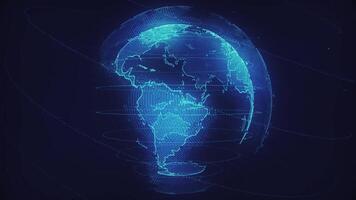 Spinning blue digital hologram globe with glitch effect. Global communications, connections and cybersecurity concept technology background. Full HD and looping futuristic tech animation. video