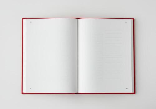 Open Red Notebook with Blank Pages on White Background, Top View, Minimalist Style. photo