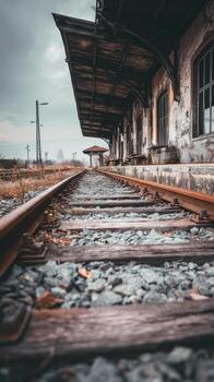 Abandoned train station rusty tracks decaying platform weathered building moody atmosphere photo