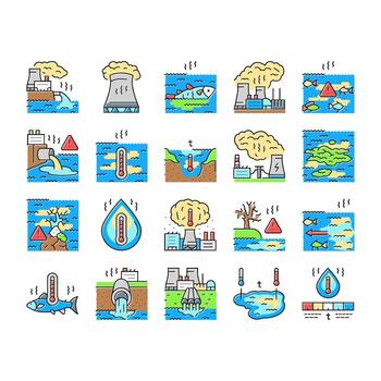 thermal pollution ecosystem icons object vector