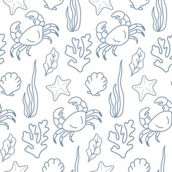 sin costura modelo con cangrejo y mar conchas garabatear modelo con mar vida. vector