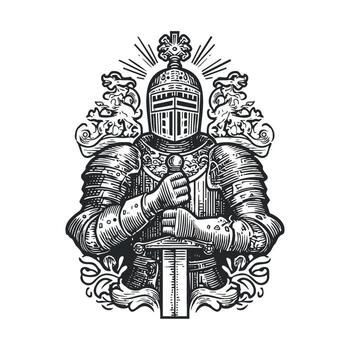 Knight in armor holding sword with crest and decorative elements vector