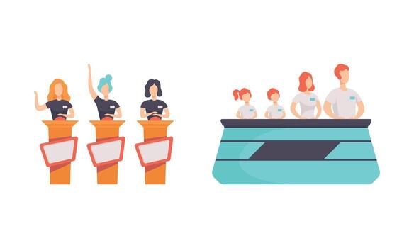 People Taking Part on TV Quiz Show Set, Players Answering Questions Standing at Stand with Buttons Cartoon Illustration vector